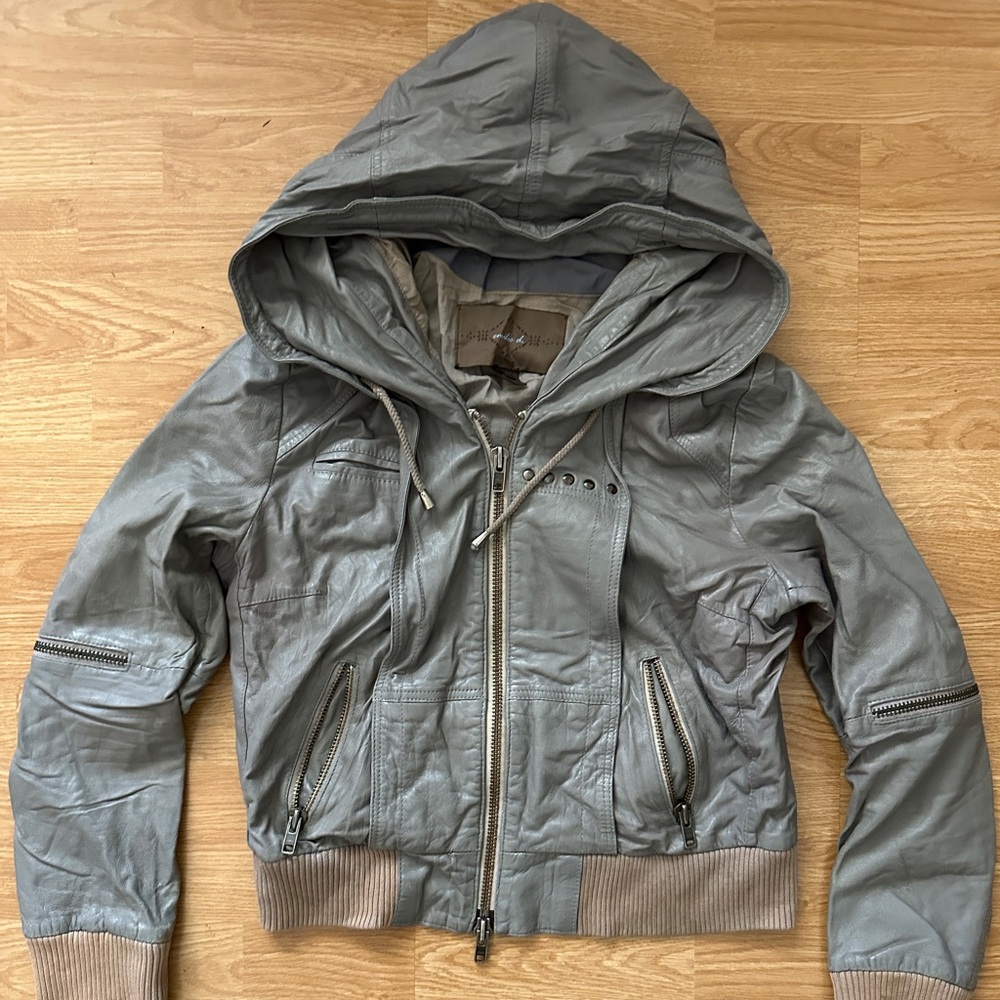 Emilie d. Gray Leather Jacket with large Hood